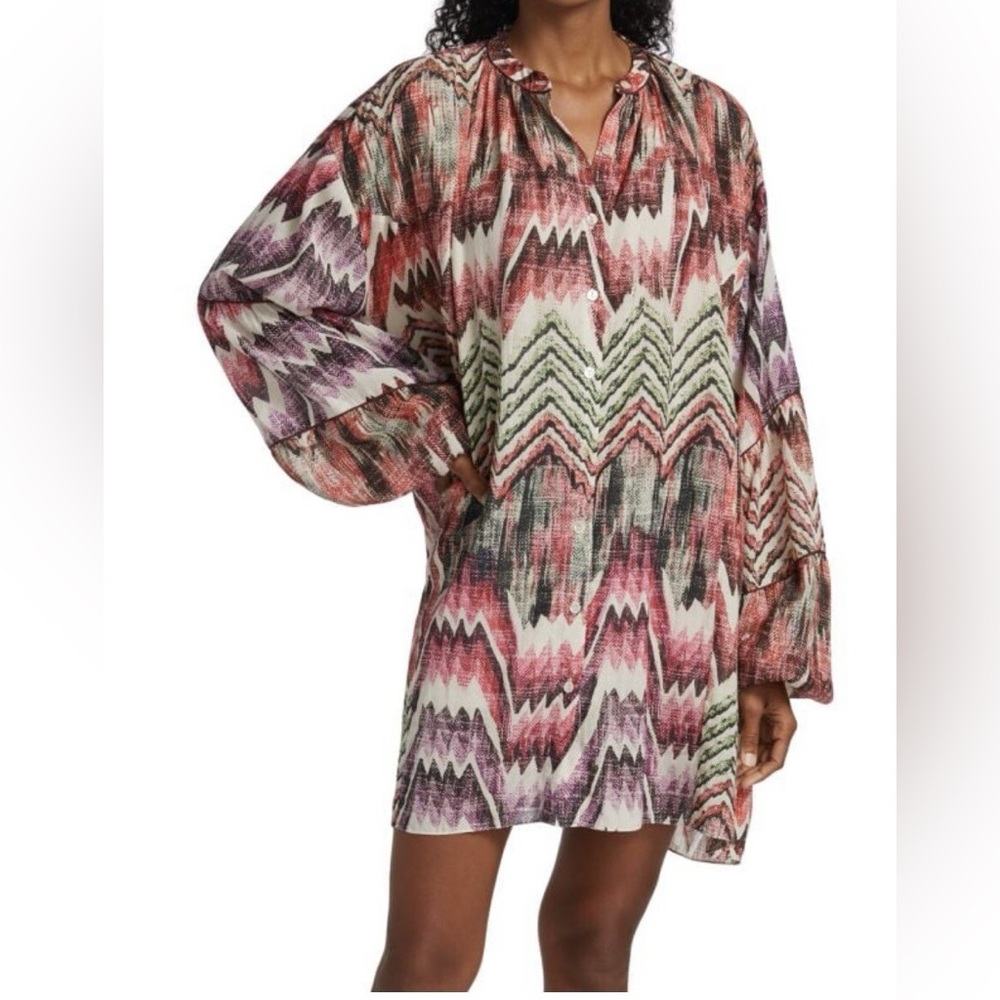 CHUFY Pia Oversized Blouse Mini Dress Purple Chevron Silk Cotton Size Small